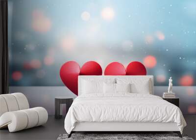 Red pair of hearts. Realistic 3d design, two hearts. Valentine's Day. Romantic city view bokeh background with copy space, creative banner, web poster. Wall mural