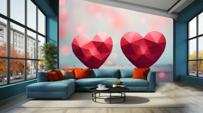 Red pair of hearts. Realistic 3d design, two hearts. Valentine's Day. Romantic city view bokeh background with copy space, creative banner, web poster. Wall mural