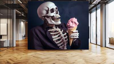 Skeleton with ice cream - 3D illustration of male human skeleton figure holding tasty ice cream cone isolated on color modern studio background Wall mural