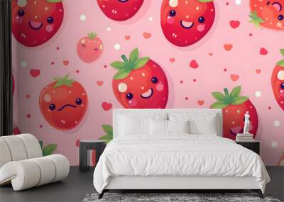 Vector illustration of cute happy smiling strawberry cartoon characters isolated on pastel modern pink color background. Fruit background with kawaii anime style excited emoji seamless wallpaper Wall mural