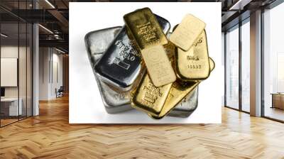 Several cast and minted gold bars and silver cast bars isolated on white background. Selective focus. Wall mural