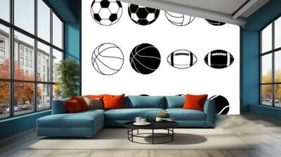 Collection Of Black And White Sports Balls Silhouettes Wall mural