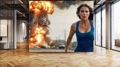 A female superhero rushes along a city street with intense attention, huge flames and clouds of smoke from powerful explosions are visible in the background. Wall mural