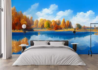 Golden autumn in the forest by the lake and blue cloud sky Wall mural