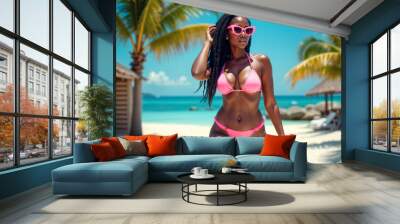 Under the warm sun, a black woman confidently strolls along a sandy beach, wearing a bright pink bikini and stylish sunglasses, surrounded by palm trees and tranquil turquoise waves Wall mural