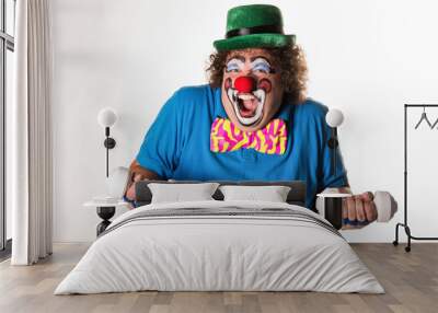 Funny clown and fitness. White background.  Wall mural