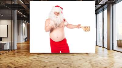 Funny fat Santa and Finnish sauna. White background. Wall mural