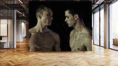 Two attractive wet guys. Black background. Wall mural