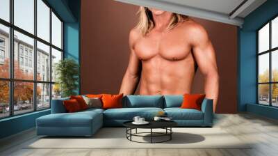 Young attractive man with an athletic body posing on a brown background. Wall mural