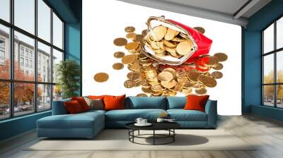 Red purse full of gold coins on a white Wall mural