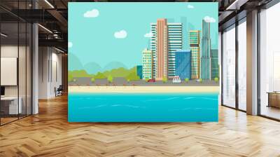 Big city skyscraper buildings near ocean beach vector illustration design, flat cartoon high city buildings from sea view, modern town landscape, urban cityscape or shore Wall mural