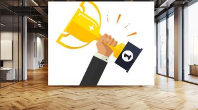 Business goal achievement vector concept, flat style happy successful businessman holding golden cup award in hand, leadership idea, first place prize victory, competition winner Wall mural