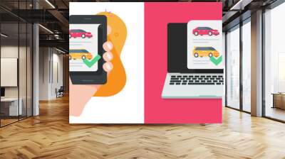 Car auto rental choose on mobile cell phone app vector, internet laptop computer vehicle comparison shop, dealership online service, buy sell pc and cellphone smartphone tech image clip art Wall mural