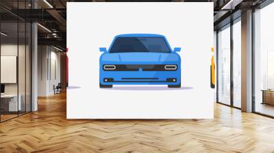 Car icon isolated set vector front view or auto vehicle electric automobile red blue yellow orange color modern design flat cartoon illustration on white background, sport race racecar image clipart Wall mural