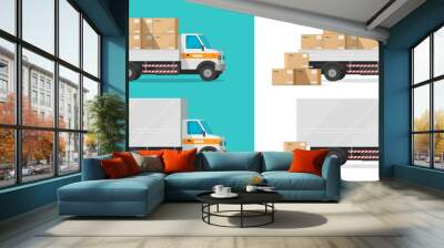 Cargo truck loading parcel package boxes or delivery van vehicle vector illustration, flat cartoon industrial automobile or car with freight, postal logistics or warehouse courier isolated clipart Wall mural