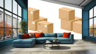 Carton parcel boxes pile stack vector 3d graphic illustration set, isolated cut out delivery cardboard warehouse storage packages heap mockup, postal mail cargo service element image clip art 
 Wall mural