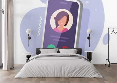 Cell phone 3d ringing call incoming vector icon or cellphone calling vibrating mobile smartphone with woman person on screen graphic illustration, perspective modern isolated cellular smart telephone Wall mural