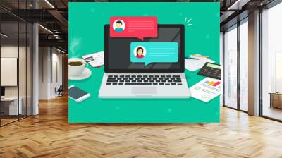 Chat messages on computer online vector illustration, flat cartoon workspace or working desk laptop pc with chatting bubble notifications, concept of people messaging on internet image Wall mural