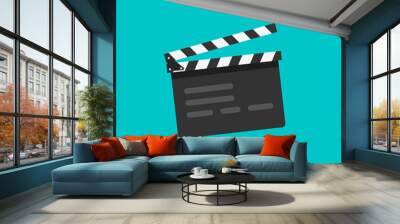 Clapperboard vector illustration isolated on blue color background, flat style clapperboard icon, filmmaking device, video movie clapper equipment Wall mural