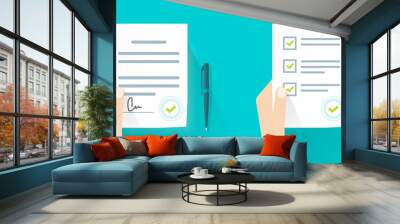 Contract lease document vector icon with test exam results or survey questionnaire form paper list in man hand with signature flat cartoon illustration image, agreement sign or paperwork concept Wall mural