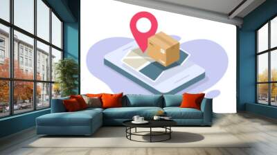 Delivery logistic 3d parcel box on mobile cell phone isometric vector icon graphic, virtual web internet digital money cash online on cellphone smartphone, store map pointer track, ecommerce location Wall mural