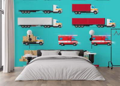 Delivery transportation commercial cargo freight vehicles vector set, industrial transport automobiles, ship vessel shipping container flat cartoon illustration, trucks and vans warehouse car design Wall mural