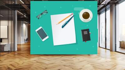 Empty paper sheet with pencil pen on workdesk vector illustration top view, concept of working table of student or pupil, flat education things on green color background Wall mural