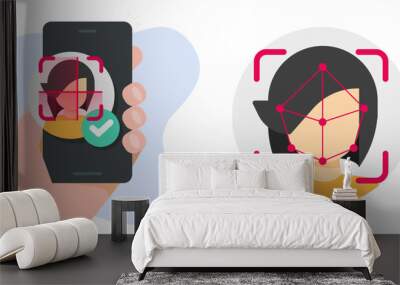 Face biometric id scan icon vector and mobile cell phone person facial recognition identification security technology authorization access illustration, identity scanner on cellphone smartphone image Wall mural