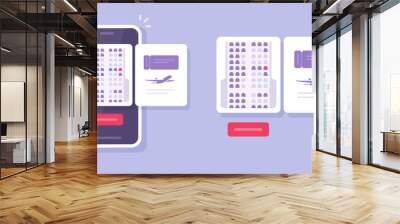 Flight seats in air plane buy choose phone app vector ui design or cellphone airplane tickets booking mobile application on smartphone screen graphic, selecting airline places online image modern Wall mural