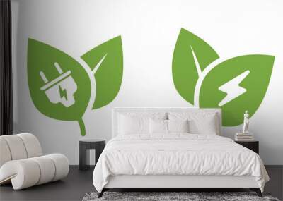 Green energy plug icon logo, electric bio eco renewable power leaves sign symbol silhouette simple pictogram graphic set, natural organic leaf technology with lightning bolt logotype image clipart Wall mural