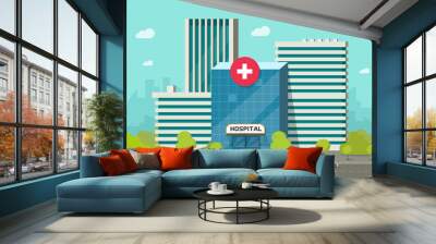 Hospital building clinic or health care centre urgency vector illustration, flat cartoon modern medical center on city street, healthcare emergency entrance office graphic design Wall mural