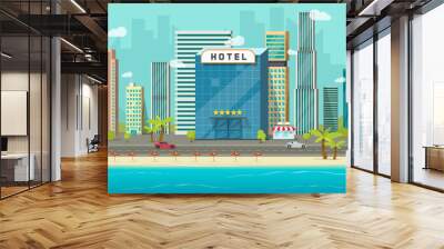 Hotel near sea ocean beach resort view vector illustration, flat cartoon motel hostel building, street road and big skyscrapers town landscape, font view cityscape panorama clipart Wall mural