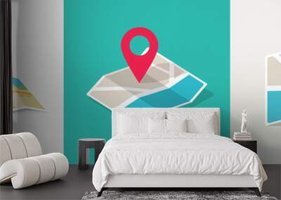 Map icon with pin gps vector flat and location marker pointer place in isometric design, concept of road trip direction position symbol, travel destination trip point, city street navigator image Wall mural