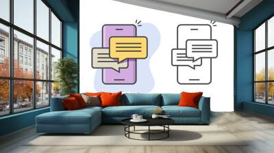 Message text chat app icon line outline art on mobile cell phone vector graphic image, cellphone smartphone online simple conversation talk dialog symbol speech bubbles on screen clipart Wall mural