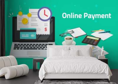 Paying bills online via credit card on laptop computer or electronic shopping concept on pc with digital internet payment invoice on pc notebook vector flat cartoon transaction with financial receipt Wall mural