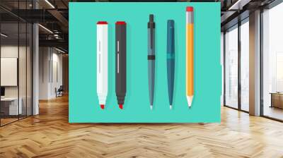 Pens, pencil, markers vector set isolated on green background, ballpoint pens, lead orange dot pen with red rubber eraser, flat biro pen and pencils, stationery cartoon illustration design clipart Wall mural