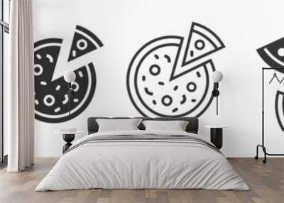 Pizza icon slice simple silhouette silhouette pictogram isolated on white and black background graphic illustration, pizzeria logo idea thin line outline art and flat cartoon minimal symbol image Wall mural