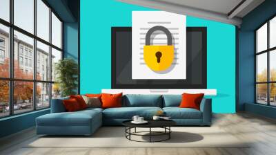 Secure confidential document online access with private lock on laptop computer text file vector flat icon, digital web privacy internet protection, electronic safety doc data padlock symbol Wall mural