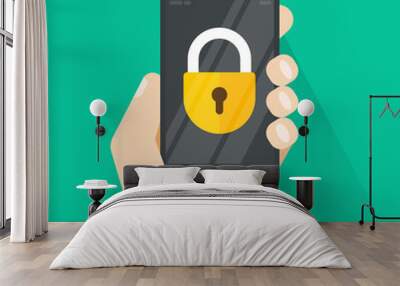 Smartphone in hand with lock icon on screen vector illustration, flat style locked mobile phone Wall mural