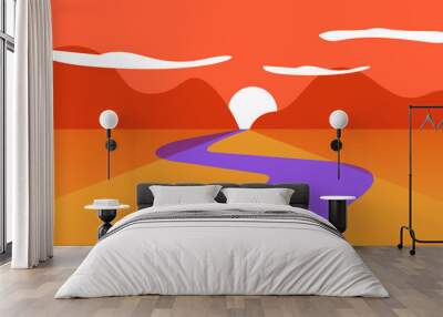 Sunset on desert river water landscape vector modern simple flat cartoon illustration, calm valley waving path on sunrise and hill, mountains on horizon scene background, western sun dawn image Wall mural