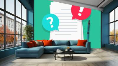 Text file or document comments and remarks vector illustration, flat cartoon warning or caution alert messages on paper letter content, attention notification chat error and question bubbles image Wall mural