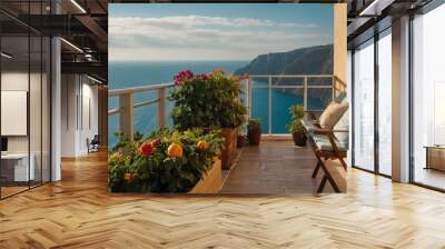 a bright balcony with rays of sun overlooking the sea, on the balcony there are shelves with climbing flowers and a laptop and coffee and fruit Wall mural