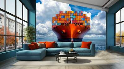 A container cargo vessel is seen from above, traveling over a calm ocean Wall mural