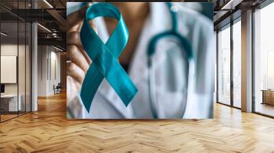 A poignant image capturing a doctor holding a pink ribbon, symbolizing support for breast cancer awareness month and solidarity with those affected by the illness Wall mural