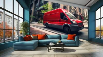 A van maneuvers through the bustling city streets as a commercial delivery truck showcases its services, serving as a remarkable mock-up for a reputable cargo company Wall mural