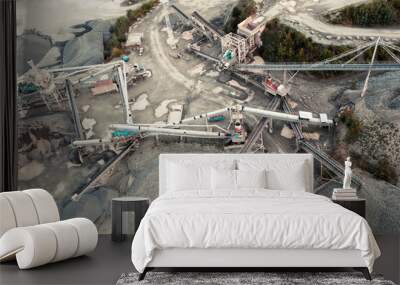 Aerial view of quarry, stone crusher, stone sorting conveyor belts, heavy industry Wall mural