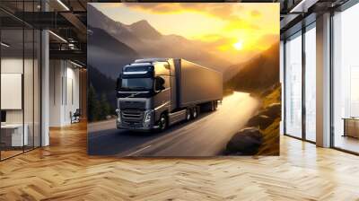 An European cargo truck in motion on the highway. The industry of transportation and logistics on display. Wall mural