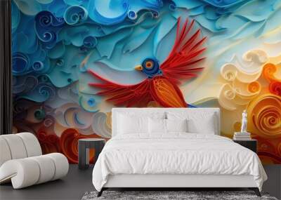  Colorful paper quilling of a red bird flying at a sunset, wallpaper. Wall mural