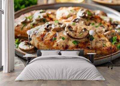 Healthy Chicken with Mushroom Sauce. A plate of grilled chicken topped with a creamy mushroom sauce Wall mural