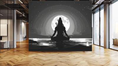 Monochrome maha shivratri background with a silhouette of lord shiva sitting in a meditative pose at night Wall mural